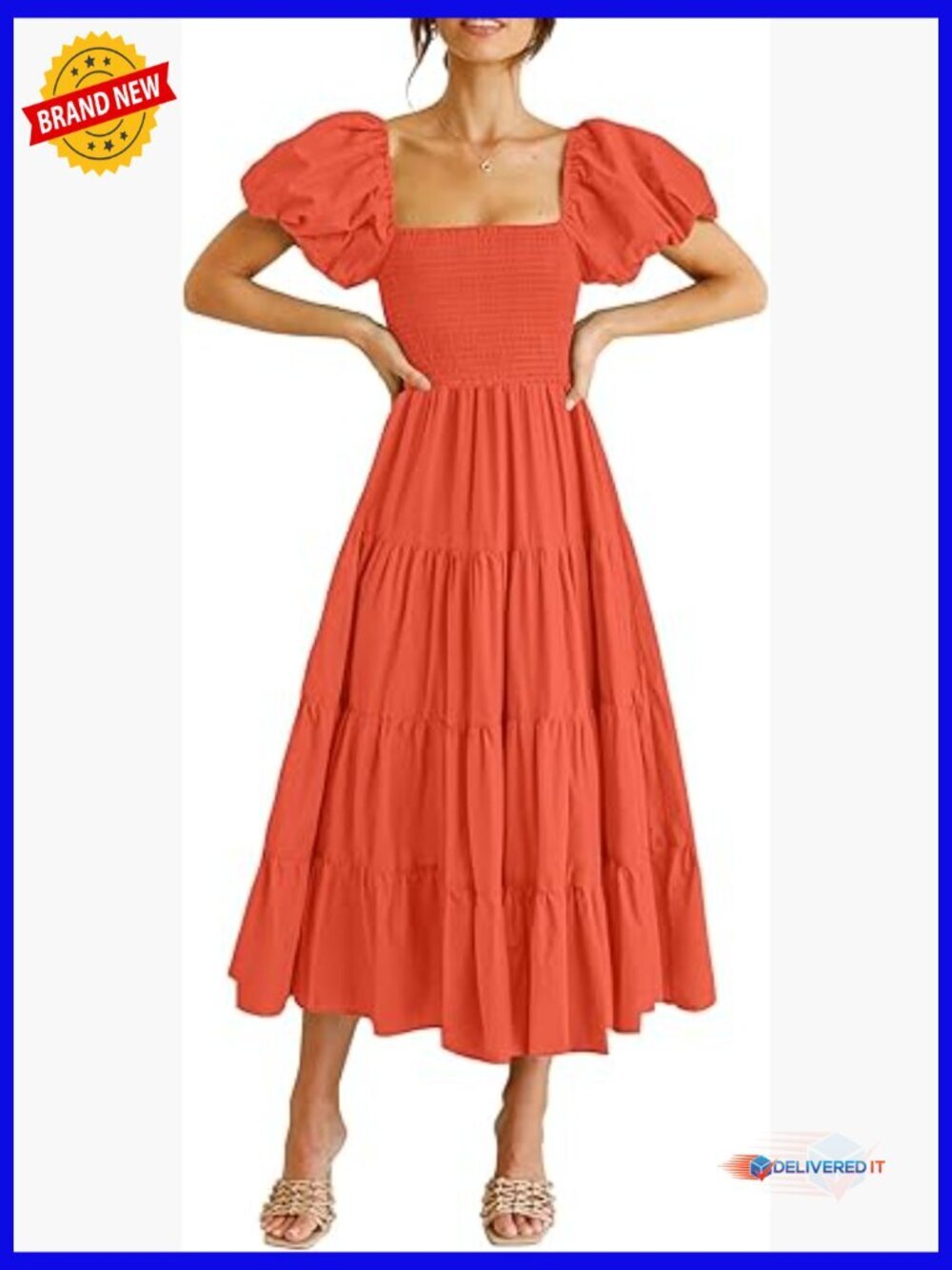 Summer Midi Dress Puffy Sleeve Square Neck Smocked Tiered Ruffle Casual
